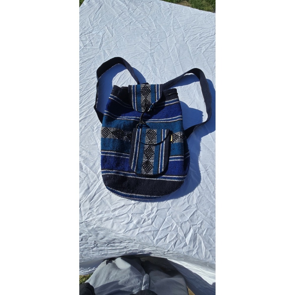 Artesanias Mr Pinzon Mexican Woven Backpack Indian Bag Black Blue Baja Hippie